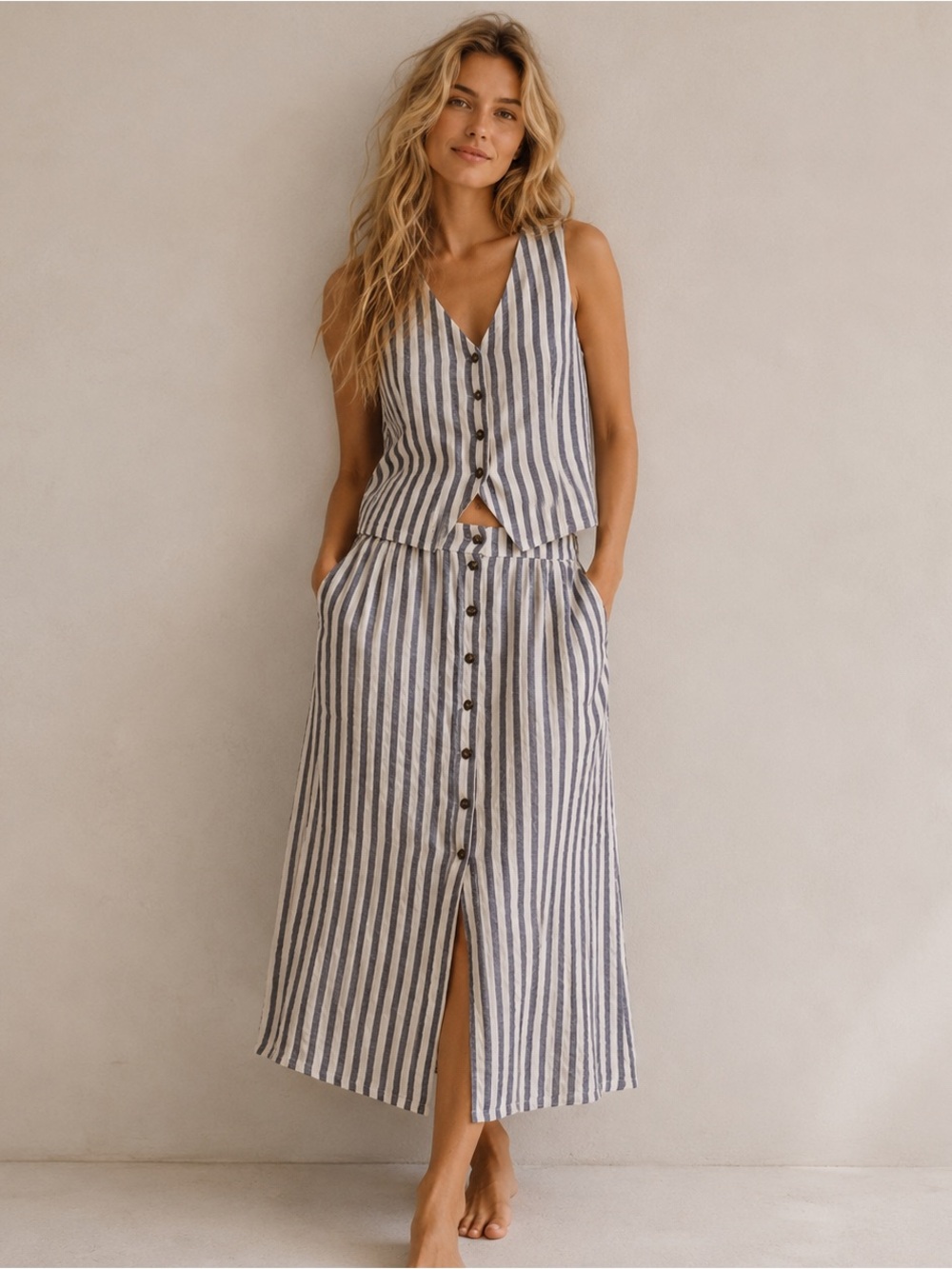 b.young Linen Blend Vest & Midi Skirt Set | Blue & Cream Stripe | Size M (EU 38)
